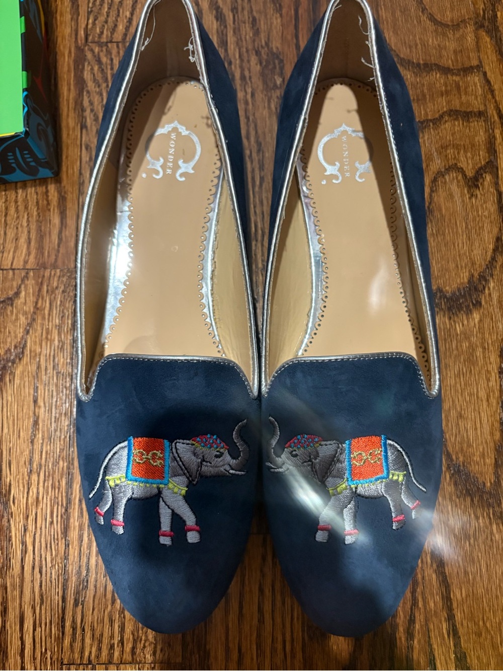 C. Wonder Navy Suede Loafers with Embroidered Multicolor Elephants